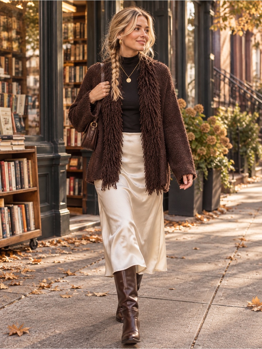 Apanage Brown Bouclé Fringe Open Front Cardigan Sweater Boho Whimsigoth Cozy
